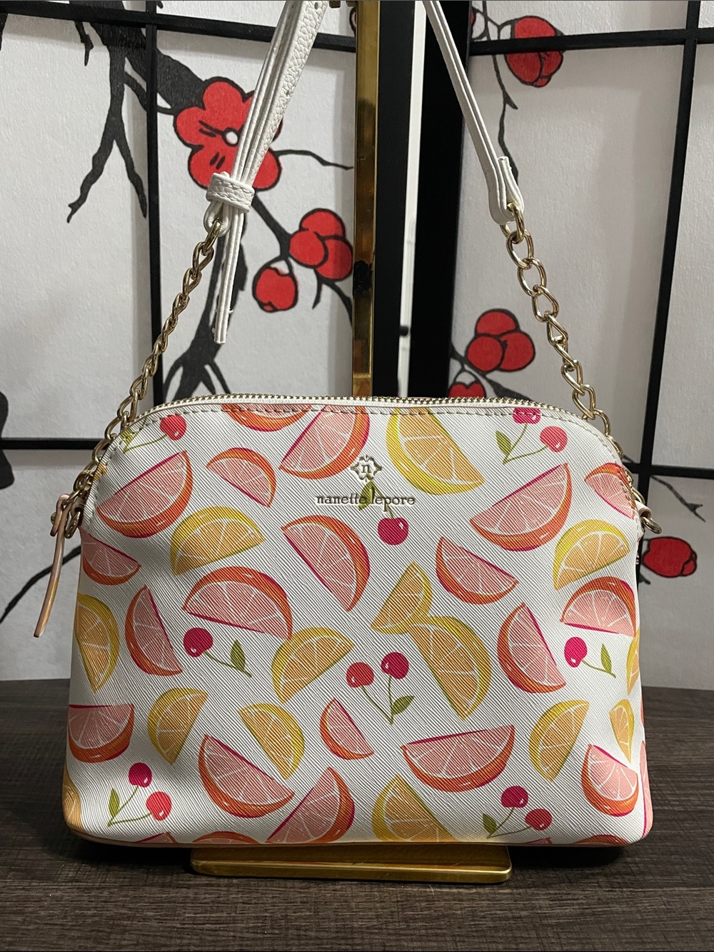 Nanette Lepore White Citrus & Cherry Print Crossbody with Gold Chain